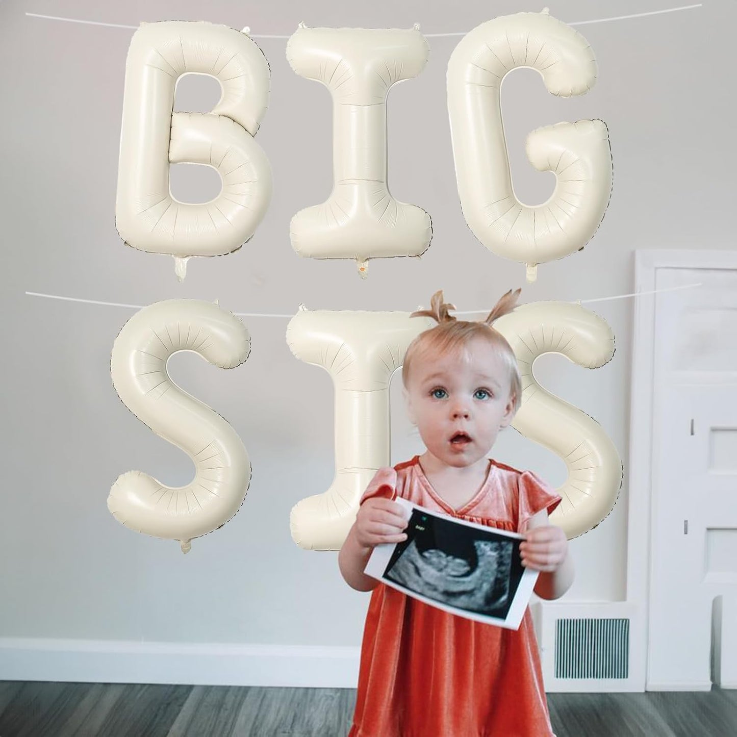 40 Inch Cream BIG SIS Balloons, Large Beige Neutral Big Sis Balloon Letters Sign with Ribbon, Ivory White Sand Baby Girls Balloon for Her Birthday Baby Shower Gender Reveal Party Decoration Supplies