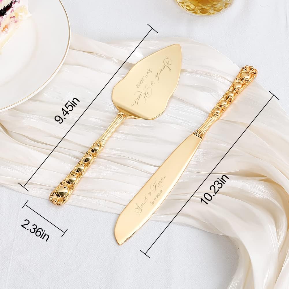 Wedding Cake Knife and Server Set, Personalized Gold Cake Cutting Set for Wedding, Engraved Classic Cake Knives Cutter Set, Pie Server, Birthday Bridal Quinceañera Gift (CUS-Bow)