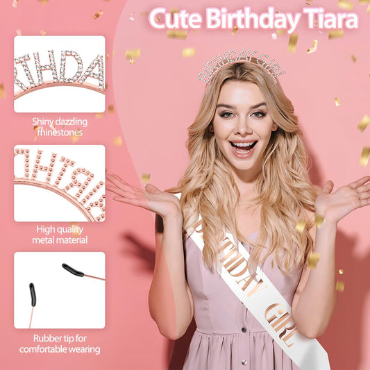 Birthday Crown and Sash Set for Women - White Rhinestone Headband, Princess Tiara, Happy Birthday Girl Accessories Gifts