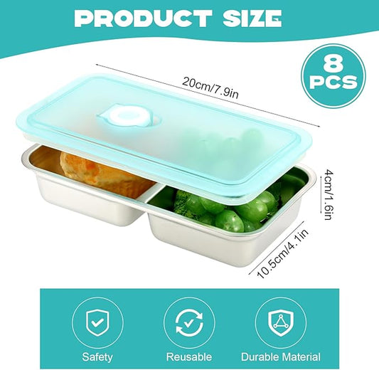 8 Pcs 30 oz Bento Boxes, 2 Compartments 304 Stainless Steel Food Storage Containers Snack Boxes with Leakproof Lids, Divided Meal Prep Lunch Box Food Container Dishwasher Safe