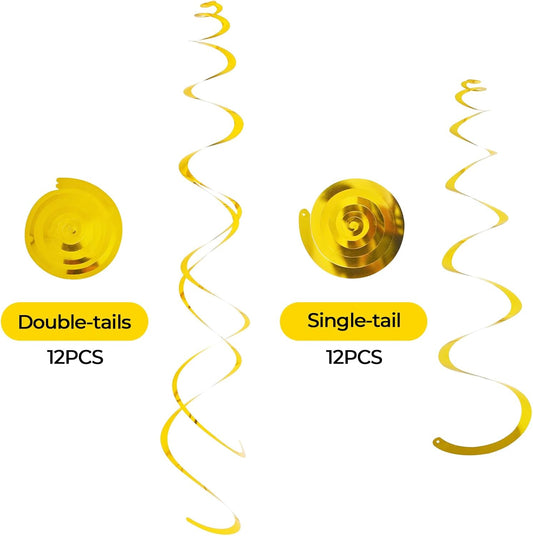 24 PCS Gold Foil Hanging Swirl,Sparkle Ceiling Hanging Decorations, Plastic Streamer Party Decorations,Swirl Decorations with Double-Swirls and Single-Swirls for Birthday,Thanksgiving Day,Baby Shower