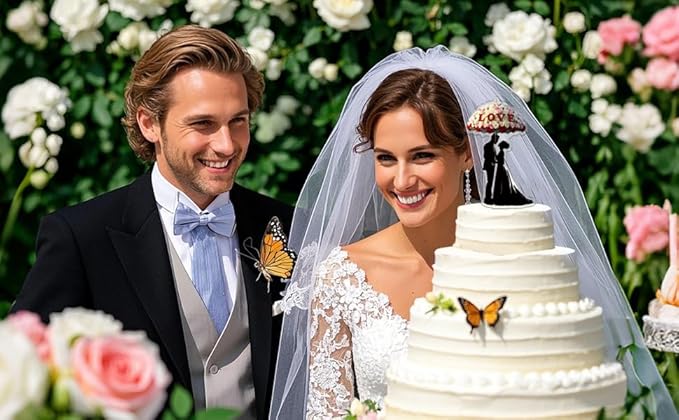 Acrylic Wedding Cake Topper Bride and Groom with Umbrella - Elegant Mr & Mrs Cake Decoration for Wedding Anniversary, Engagement, Just Married Party (2D)