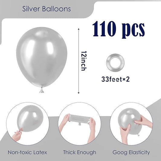 110pcs Metallic Silver Balloons 12inch Chrome Silver Latex Party Balloons for Graduation, Wedding, Birthday, New Year, Baby Shower, Anniversary, Holiday Party Decorations