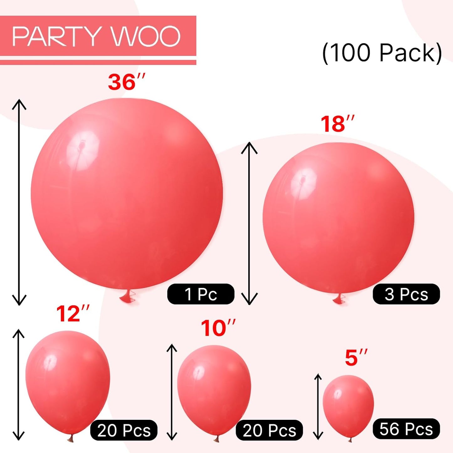 PartyWoo Coral Balloons 100 pcs Different Sizes of 36 18 12 10 5 Inch Coral Pastel Red Watermelon Pink Latex Helium Balloon Arch Kit Garland for Wedding Summer Birthday Party Decorations Pink-Q11