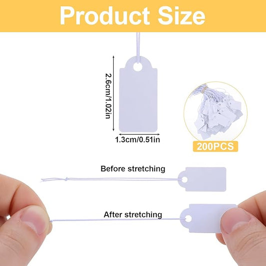 200 Piece Small Tags with Elastic String White Hang Price Tags 1.02×0.47inch Writable Gift Tag Blank Label Display Tag Marking Shipping Label for Clothes Jewelry Product Price Marking
