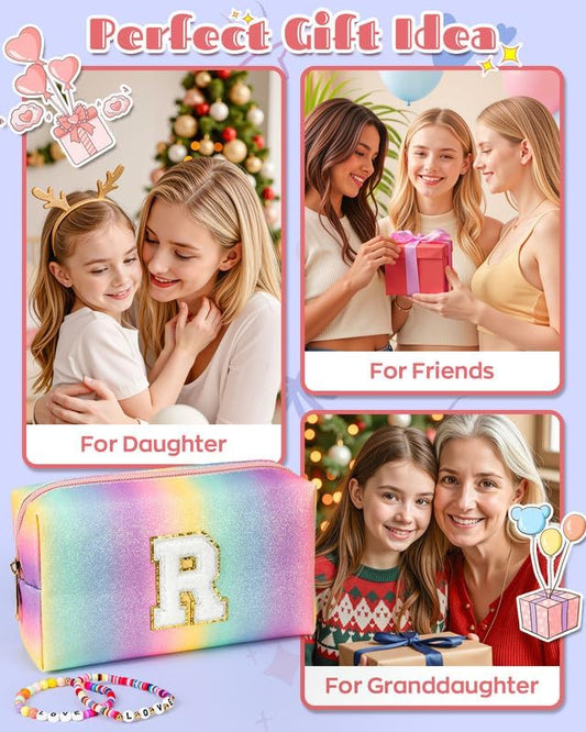 Kindergarten Graduation Gifts, Preppy Makeup Toiletry Bag for Girls Kids, Personalized Gifts for 4 5 6 7 8 9 10 11 12 13 Year Old, Letter Pouch for Overnight, Cute Stuff (Large)