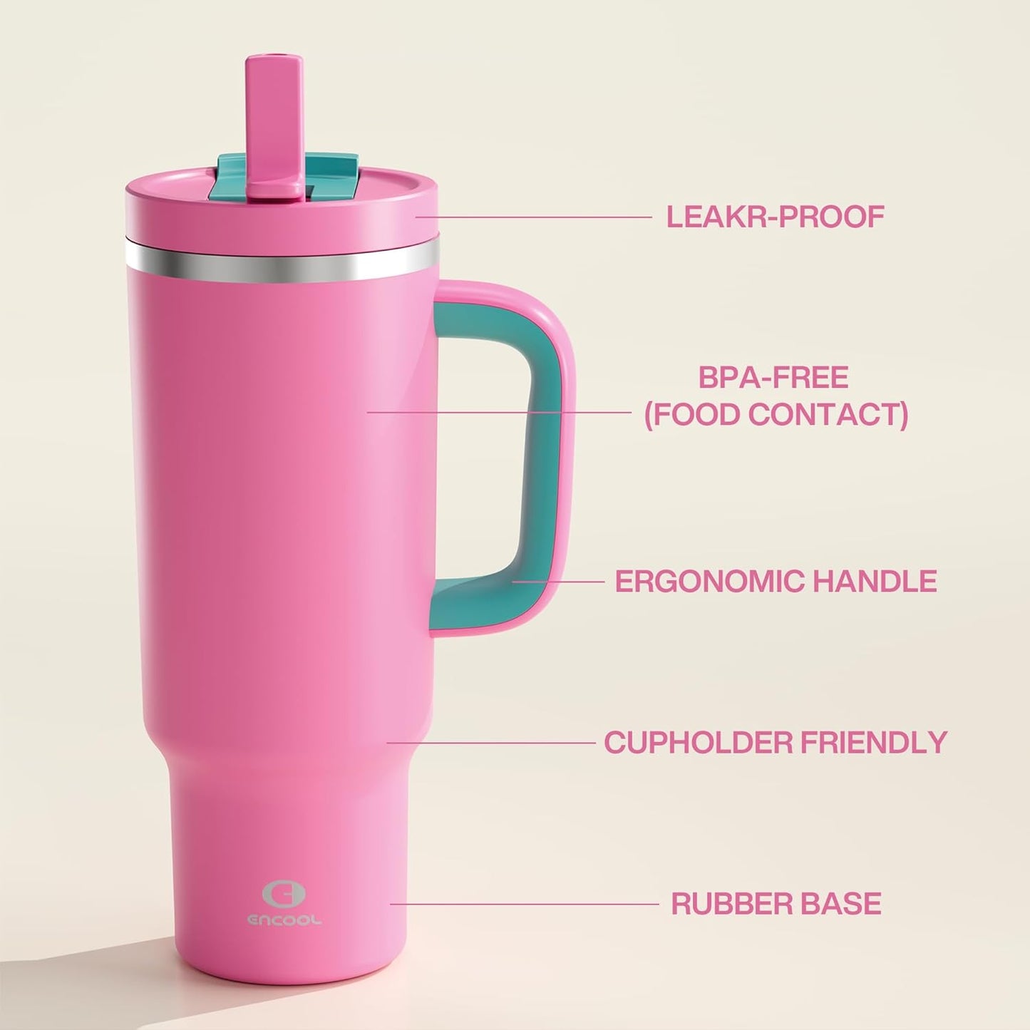 40 oz Tumbler with Handle and Straw: Stainless Steel Insulated Tumbler Keeps Cold for 24 Hours, Leakproof Travel Cup Fits in Cup Holder and BPA-Free,Light Crimson
