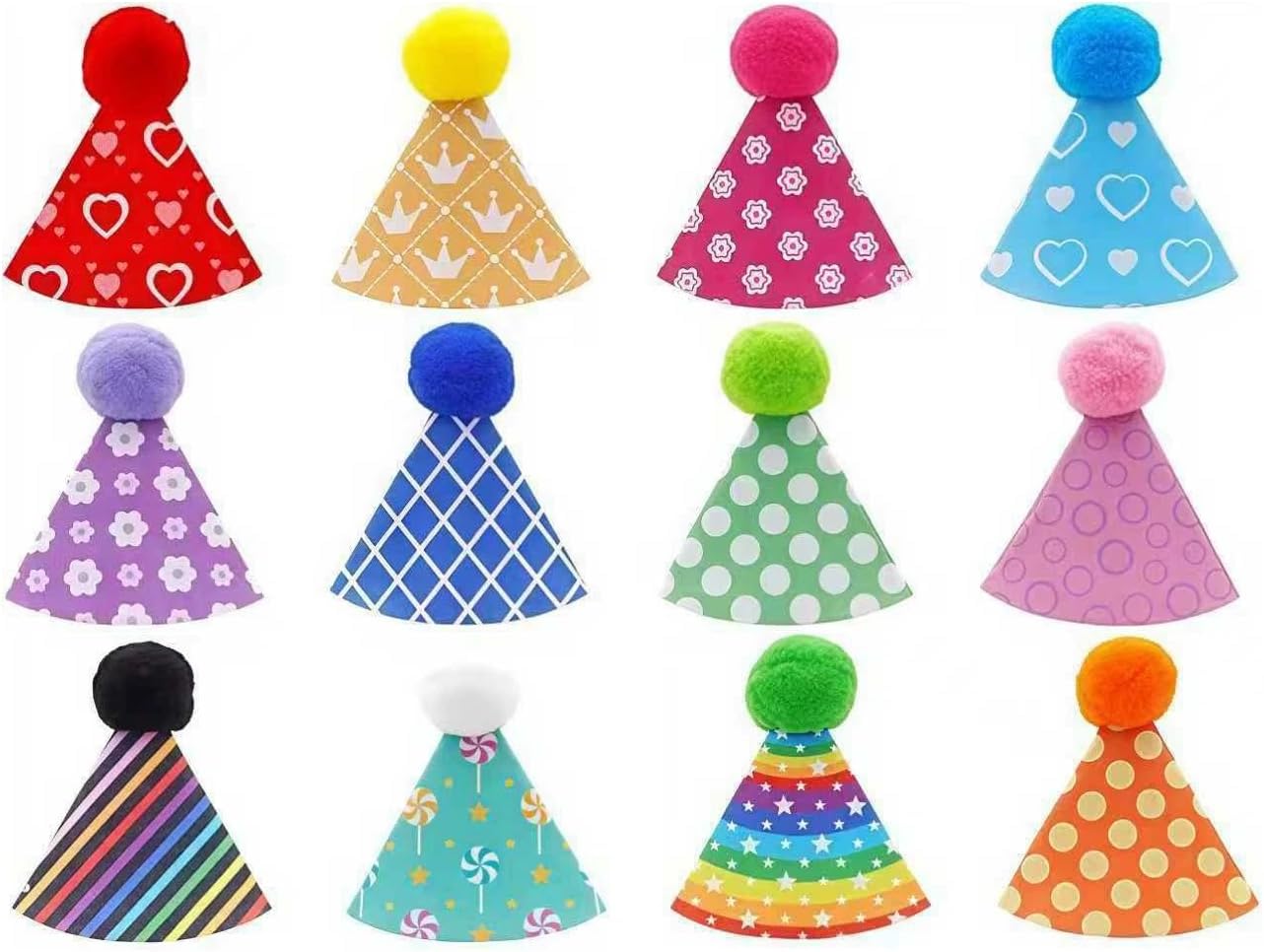 12 Pcs Colorful Mini Party Hats for Stuffed Animals, Birthday Party Felt Cone Hat for Cat Dolls Dog Rabbit Puppies Birthday Party Decorations (Colorful 12 Pcs)