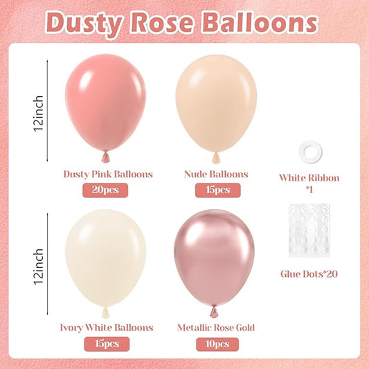 60pcs Dusty Pink Balloons, Blush Pink Dusty Rose Nude Ivory White Metallic Rose Gold Balloons for Boho Baby Shower Birthday Party Wedding Bridal Shower Party Decorations