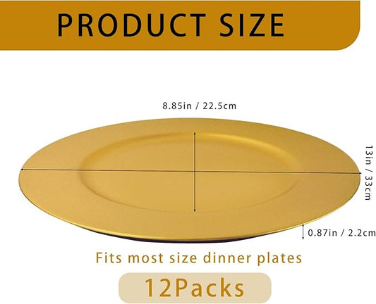 Cheardia 12 Pack Plastic Gold Charger Plates, 13 Inch Round Decorative Serving Dinner Charger Plate Bulk for Wedding, Catering, Parties, Restaurant, Home