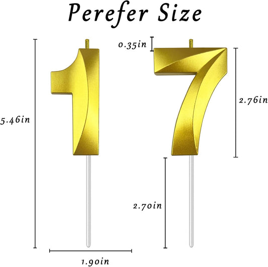 Gold Number 17 Candles, 3D Diamond 2.76 Inch Cake Topper Birthday Candles for Wedding Anniversary Cake Decorations, Happy Birthday Party Decorations