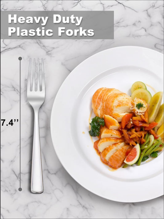 WDF 100 Piece Silver Plastic Forks - 7.4inch Silver Forks Disposable - Plastic Silverware for Dessert Cake - Heavy Duty Plastic Cutlery for Christmas Party or Daily Using