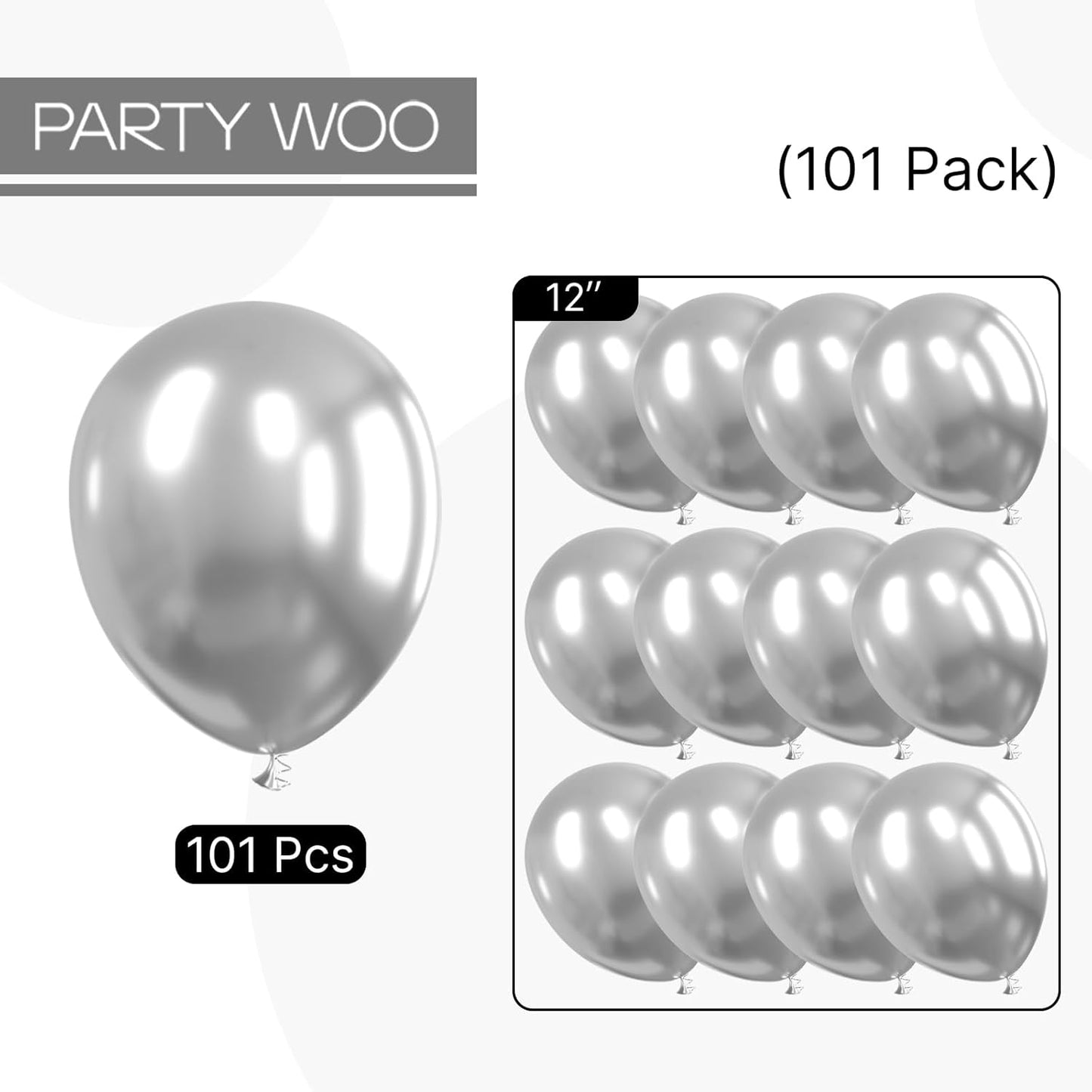 PartyWoo Metallic Silver Balloons 101 pcs 12 Inch Chrome Silver Latex Helium Balloons for Graduation New Year Wedding Baby Shower Gender Reveal Bachelorette Birthday Party Decorations Silver-G102