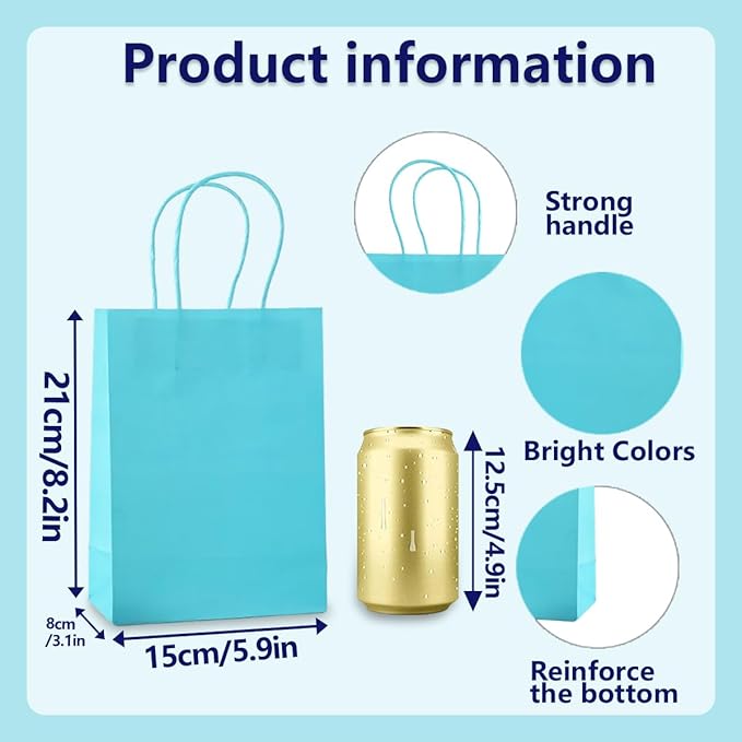 piqiya Small Plain Natural Paper Kraft Gift Bags with Handles Light Blue Paper Bags for Eid Birthday Party Grocery Retail Business Goody Craft Bag (Blue,24pcs)