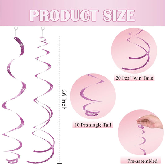 30 pcs Pink Hanging Swirls Decorations Swirl Party Decorations Plastic Party Streamer for Ceiling, 26"