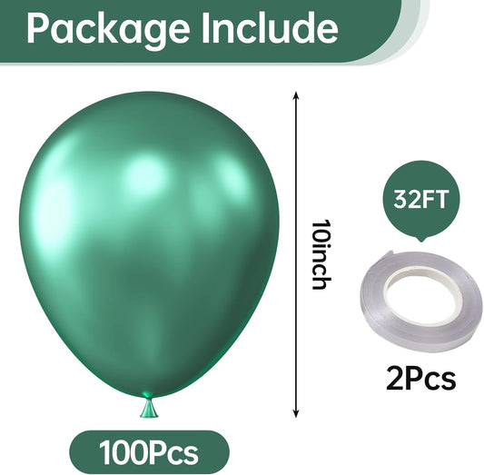 KALOR 10 Inch Metallic Green Balloons, 100 Pcs Latex Helium Metallic Balloons for Kid's Birthday Party Baby Shower Wedding Graduation Graduation Party Decorations