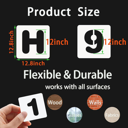 BAMIDELE 12 Inch Letter and Number Stencils, 36 Pcs Reusable Plastic Alphabet Spray Paint Stencils for Painting on Wood, Wall, Fabric, Rock, Chalkboard, Door Porch, Signage, DIY Craft Decoration