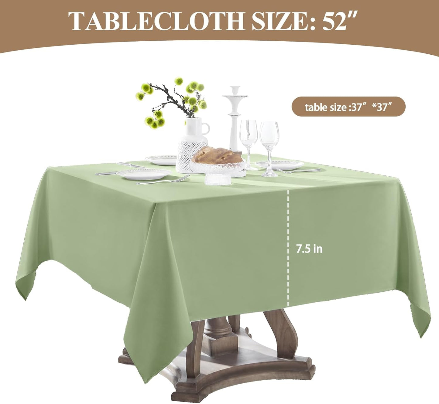 Square Tablecloth 52 x 52 Inch Sage Green Tablecloths Stain-Wrinkle Resistant Washable Polyester Table Cloths for Holiday, Buffet Parties, and Weddinge 2pack