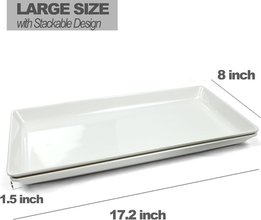 Long Melamine Serving Platter, 17.3x8x1.5 inch Rectangle Serving Trays for Party, Long Serving Platters Plates for Appetizer, Charcuterie, Bread, Fruit, Dessert, Set of 2, White