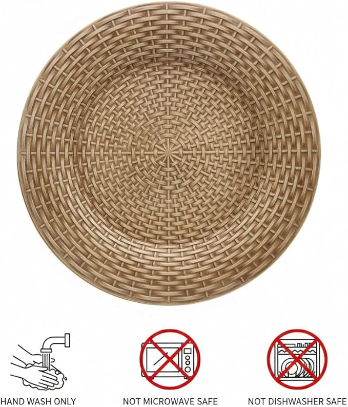 13 Inch Antique Brown Charger Plates Set of 6, Round Plastic Service Plates with Faux Rattan Woven Texture, Matte Finish Under Plates for Wedding, Party, Christmas and Fine Dining (513RB)