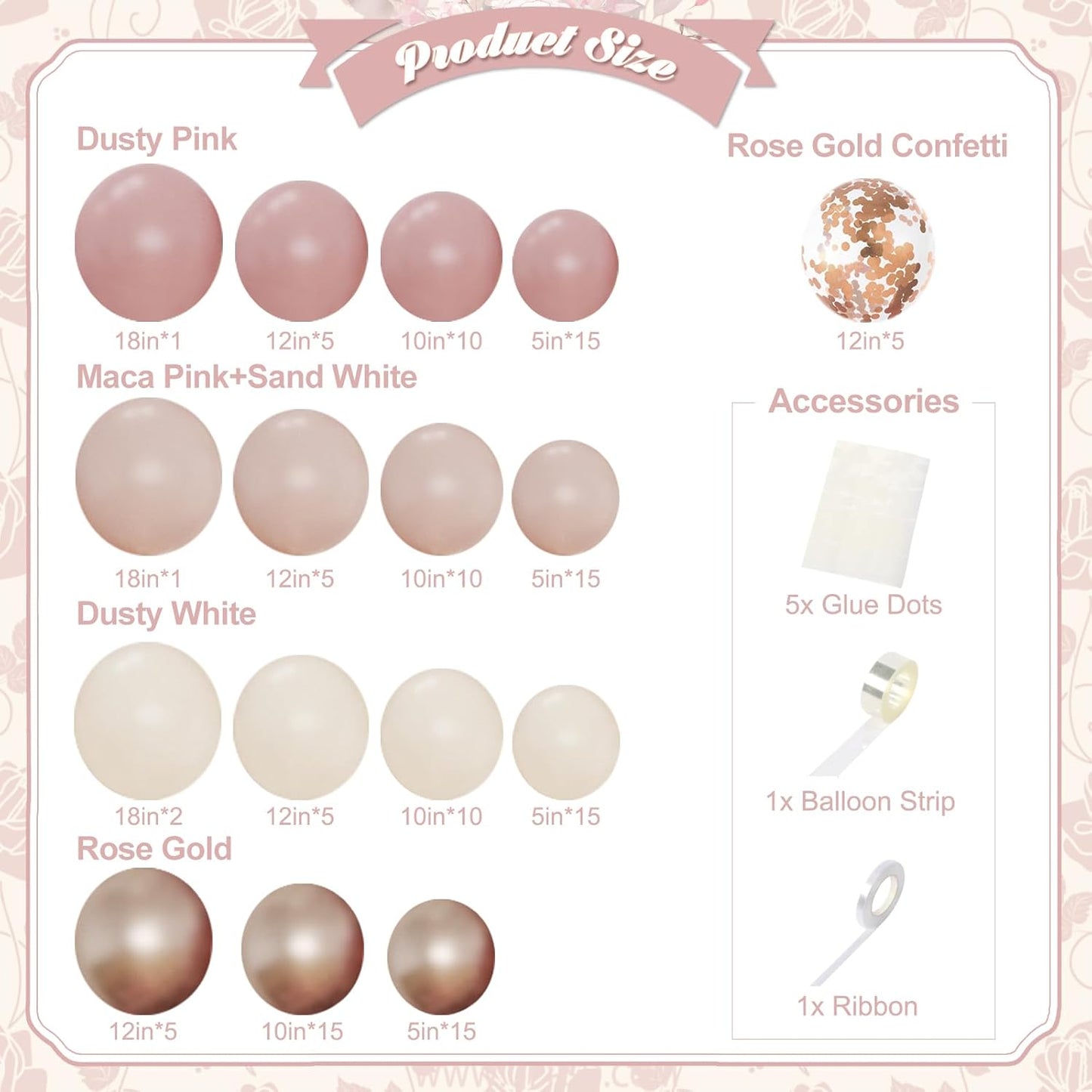 Dusty Pink and Rose Gold Balloon Arch Kit, 134pcs Double Stuffed Light Pink Dusty White Metallic Gold Confetti Balloons Garland Kits for Birthday Wedding Baby Shower Bridal Party Decorations