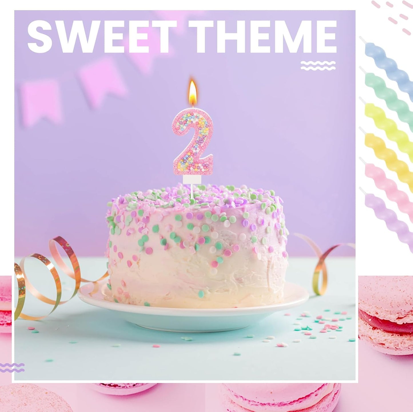 MTLEE Birthday Candle Macaron Glitter 3D Number Candle with 12 Pcs Rainbow Spiral Candles in Holders for Girl Boy Cake Topper Wedding Anniversary Pastel Sweet Theme Party Decoration(Pink,Number 2)