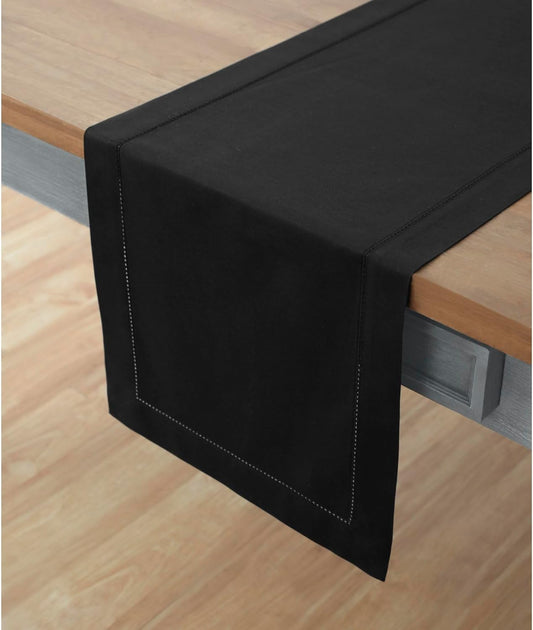 Solino Home Black Hemstitch Table Runner 60 Inches - Cotton Linen Small Table Runner 14 x 60 Inch Ideal for Dresser and Coffee Tables - Fall, Autumn, Halloween, Thanksgiving, Holiday