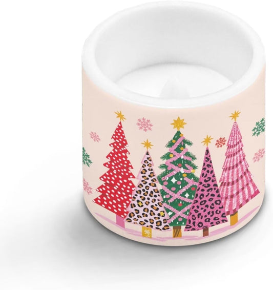 Poceacles Christmas LED Flameless Candles Set of 4 Battery Operated Fake Flickering Candles with Remote and Timer, for Holiday Festival Decor, Leopard Print Christmas Tree Snowflake Pink