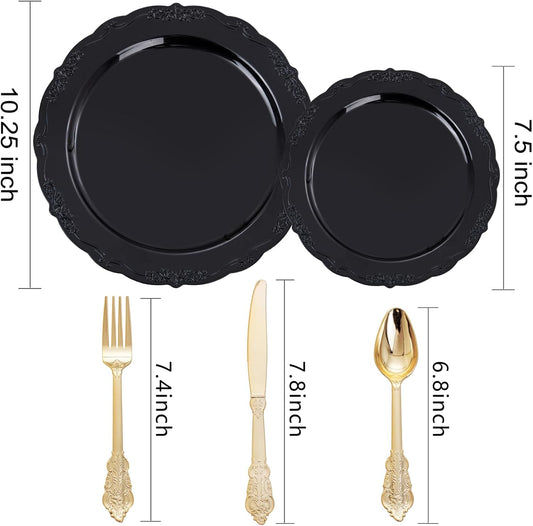 DaYammi 150Pcs Black Plastic Plates & Gold Plastic Silverware,Black Disposable Plates Set Include 30 Dinner Plate, 30 Dessert Plate,30 Golden Knives,30 Gold Forks,30 Golden Spoons for New Year Party