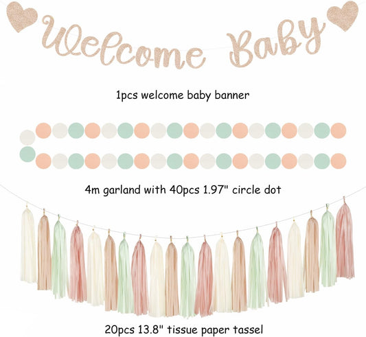 Sage-Green Pink-Beige Baby-Shower Party-Decorations - 36pcs Welcome Home Banner Sign,Girl Paper Lanterns,Neutral Streamers Garland,Boho Tissue Pom Poms Flowers Fans Backdrop Decor Burgleda