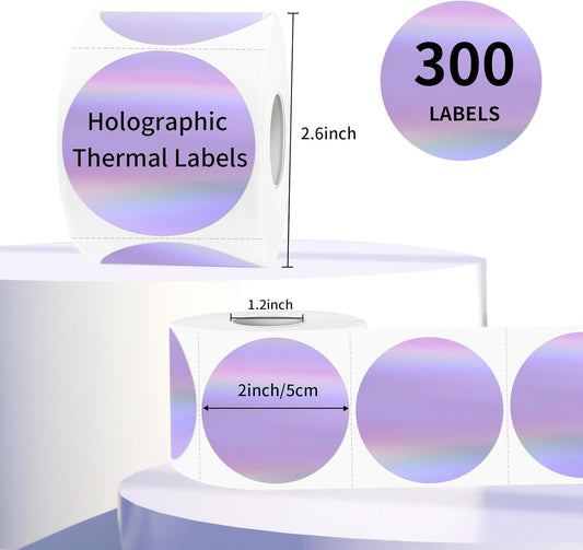 2" Circle Holographic Thermal Label Stickers, Round Printable Rainbow Glitter Thermal Printer Sticker Labels for Gift Wrapping, Self-Adhesive Name Price Tag DIY Custom Logo Design- Purple