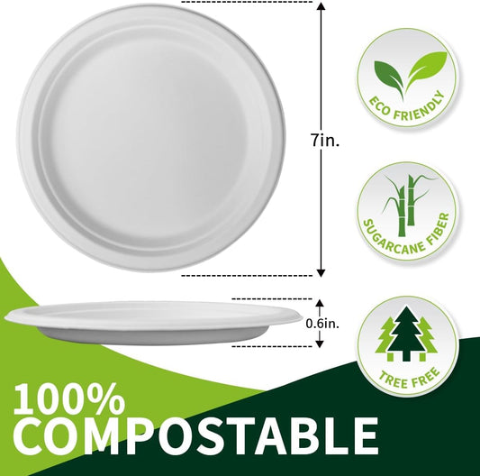 7 Inch Compostable Paper Plates ใWhite 150 Packใ, 100% Sugarcane Bagasse Small Dessert Plates, Bulk Disposable Plates, Sturdy Heavy Duty, Biodegradable Dinnerware for Party, Picnic, BBQ