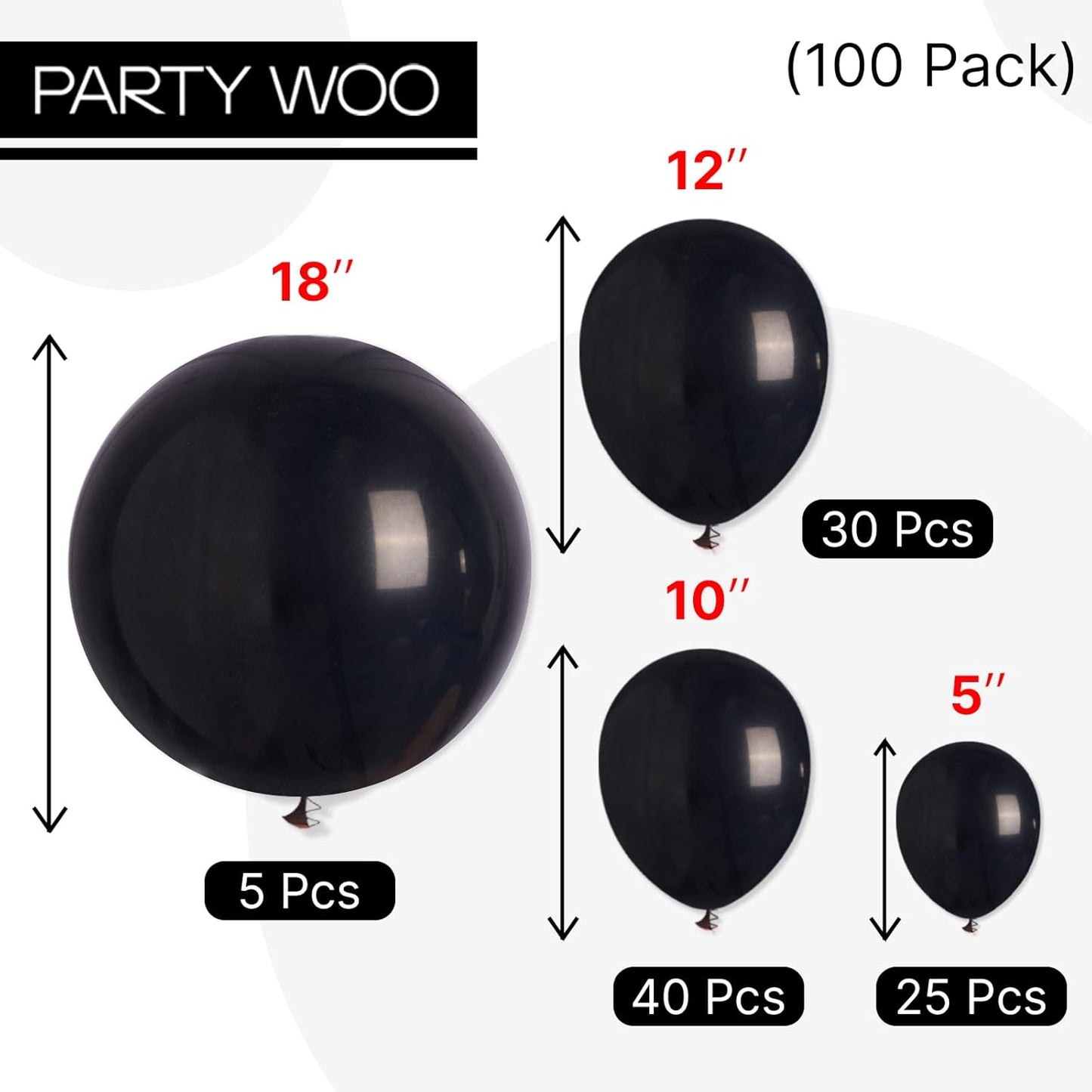 PartyWoo Black Balloons 100 pcs Different Sizes of 18 12 10 5 Inch Black Balloons Arch Kit Garland for Baby Shower Birthday Graduation Casino Gaming Anniversary Race Car Party Decorations Black-Y18