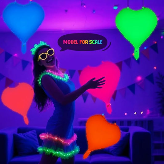 Mega-L Glow in the Dark Party Supplies, 5 Pcs Neon Heart Balloons Set – Fluorescent Red, Lemon Yellow, Fuchsia, Blue and Orange Balloons Perfect for Birthday, Wedding, Anniversary, Carnival
