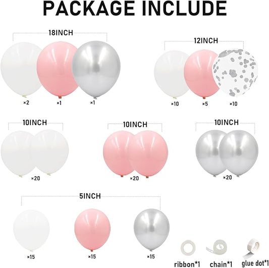 Pink and Silver Balloons Arch Kit, 134pcs Metallic Silver,Pastel Pink,Confetti Balloons Garland Kit for Winter Wonderland Baby Shower Princess Birthday Party Bridal Shower Wedding Party Decoration