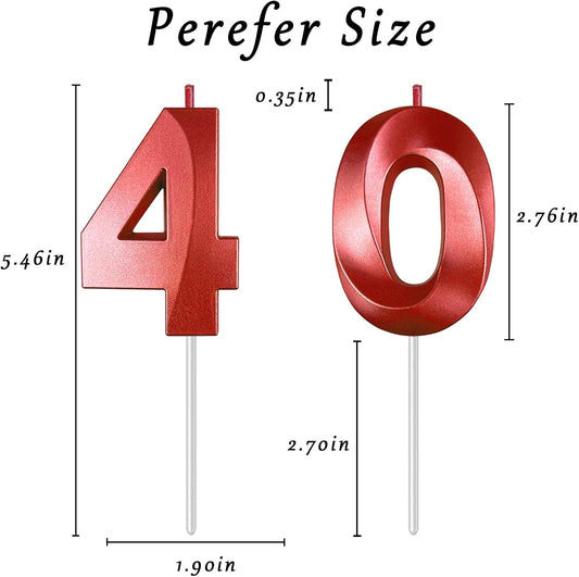Red Number 40 Candles, 3D Diamond 2.76 Inch Cake Topper Birthday Candles for Wedding Anniversary Cake Decorations, Happy Birthday Party Decorations