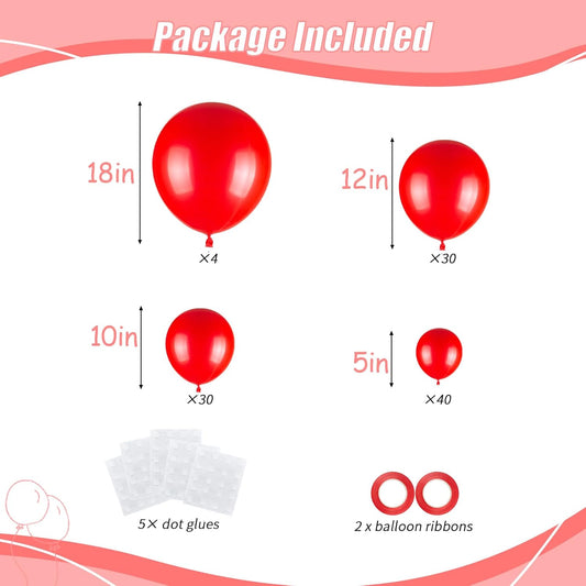 104pcs Red Balloons - 18/12/10/5Inch Red Latex Balloons Garland Arch Different Sizes Pack for Anniversary, Wedding, Valentine's, Casino Theme Night Party Decorations