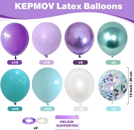 Mermaid Balloons, 60pcs 12 Inch Purple Teal and White Balloon Set with Metallic Purple Green Teal Purple Confetti Balloon, Pearl White Balloons for Birthday Wedding Mermaid Party