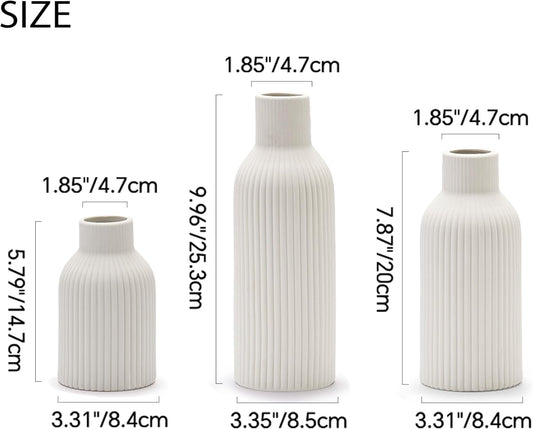 White Ceramic Vase Set of 3, Modern Minimalist Ribbed Small Flower Vase Table Centerpiece Decorative for Home Decor Farmhouse Christmas