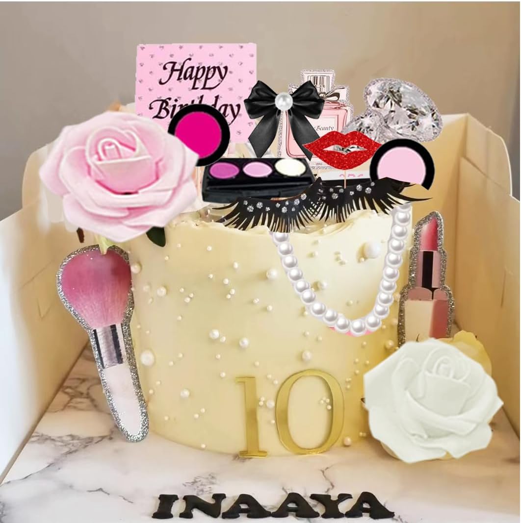 Makeup Cake Topper Flower Ribbon Gloden Ball Makeup Cake Decoration for Girls Women Birthday Party