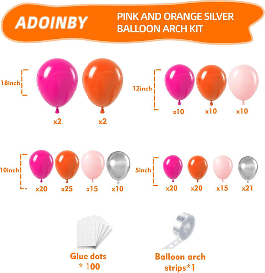 Pink and Orange Balloon Arch Kit, 180Pcs Hot Pink Orange Metallic Silver Latex Balloon Garland kit, 18 12 10 5 Inch Different Size Balloons for Birthday Baby Shower Wedding Party Decorations