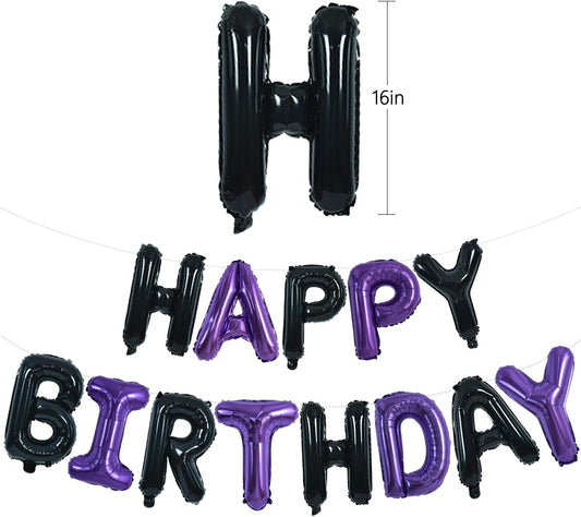 TONIFUL Happy Birthday Balloons Banner 16 Inch Mylar Foil Letters Birthday Sign Banner Bunting Reusable for Girls Boys Kids & Adults Birthday Decorations and Halloween Party Supplies(Black Purple)