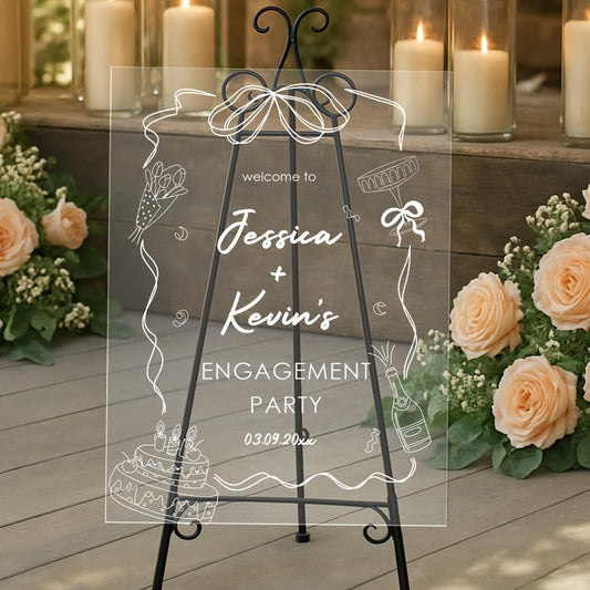 Fun & Playful Engagement Party Welcome Sign with Bow, Cake & Champagne - Custom Couples Yard Sign