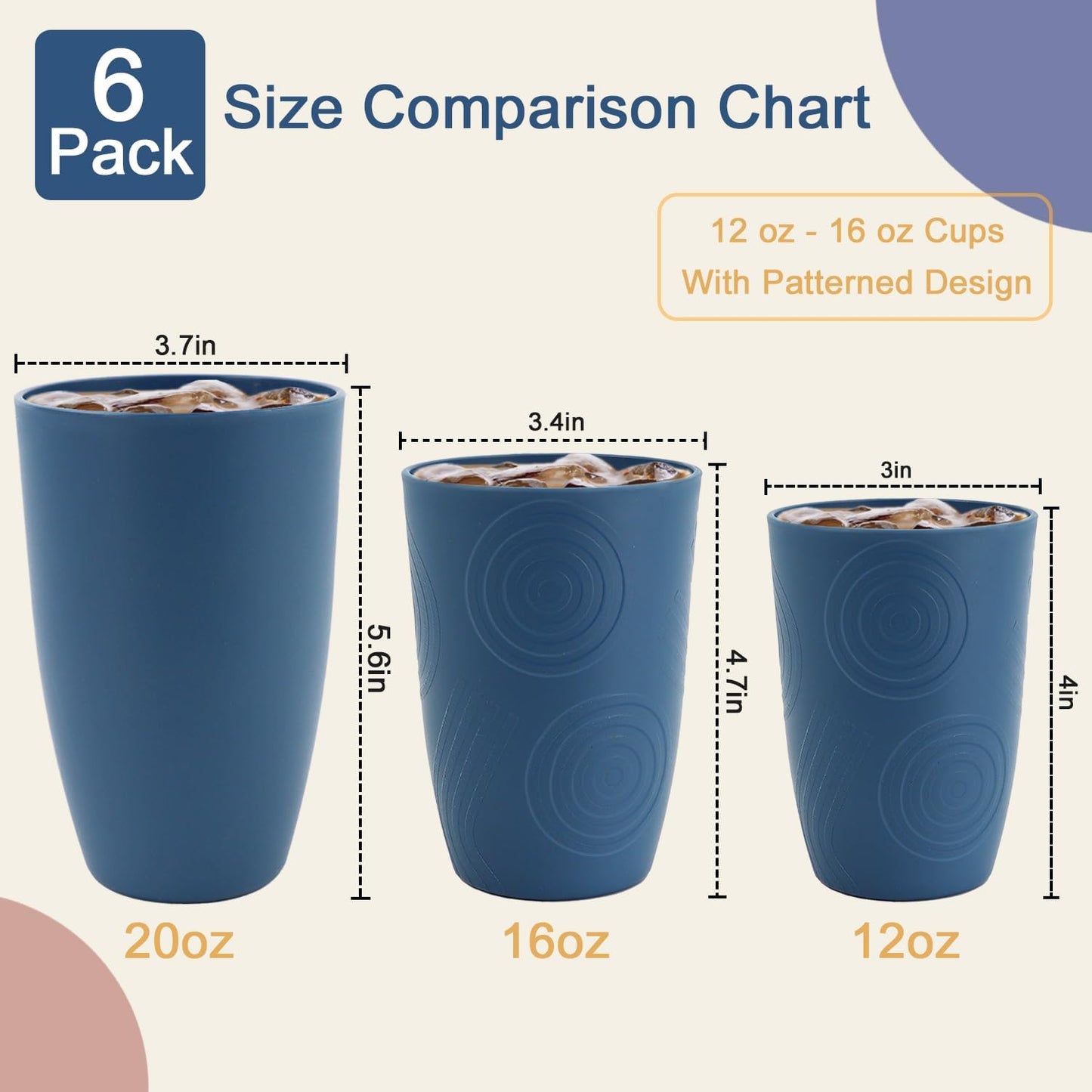 Unbreakable Wheat Straw Cups - 16 OZ Plastic Drinking Glasses Reusable, Large Drinking Cups, Lightweight Kitchen Cups Sets of 6, Microwave & Dishwasher Safe Water Tumbler (Multicolor)