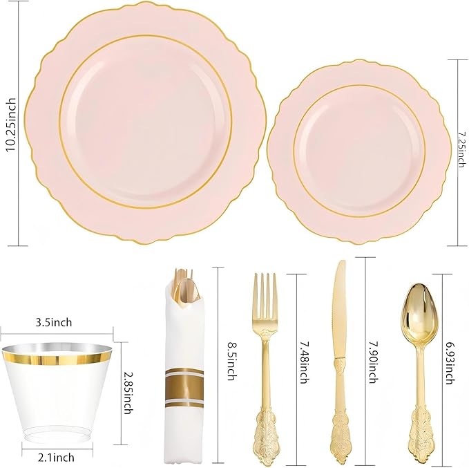 Liacere 175PCS Pink Plates Disposable - Pink and Gold Plates 25guest Baroque Plastic Dinnerware include 150Plates, 25Pack Pre Rolled Napkins with Silverware 25Cups Perfect for Easter Day