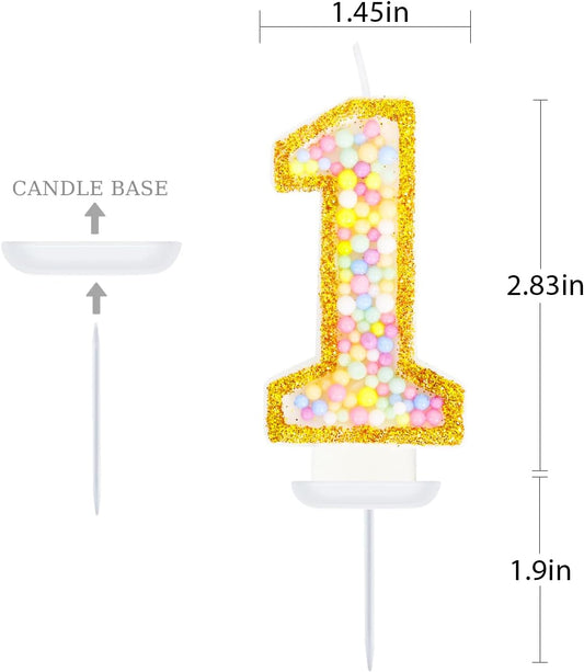 1st Birthday Candle for Cake, Colorful Macaron Numeral Candles for Boys/Girls, Baby Birthday Party Cake Decorations, Golden Cake Topper for Birthday Party Supplies (Number 1)