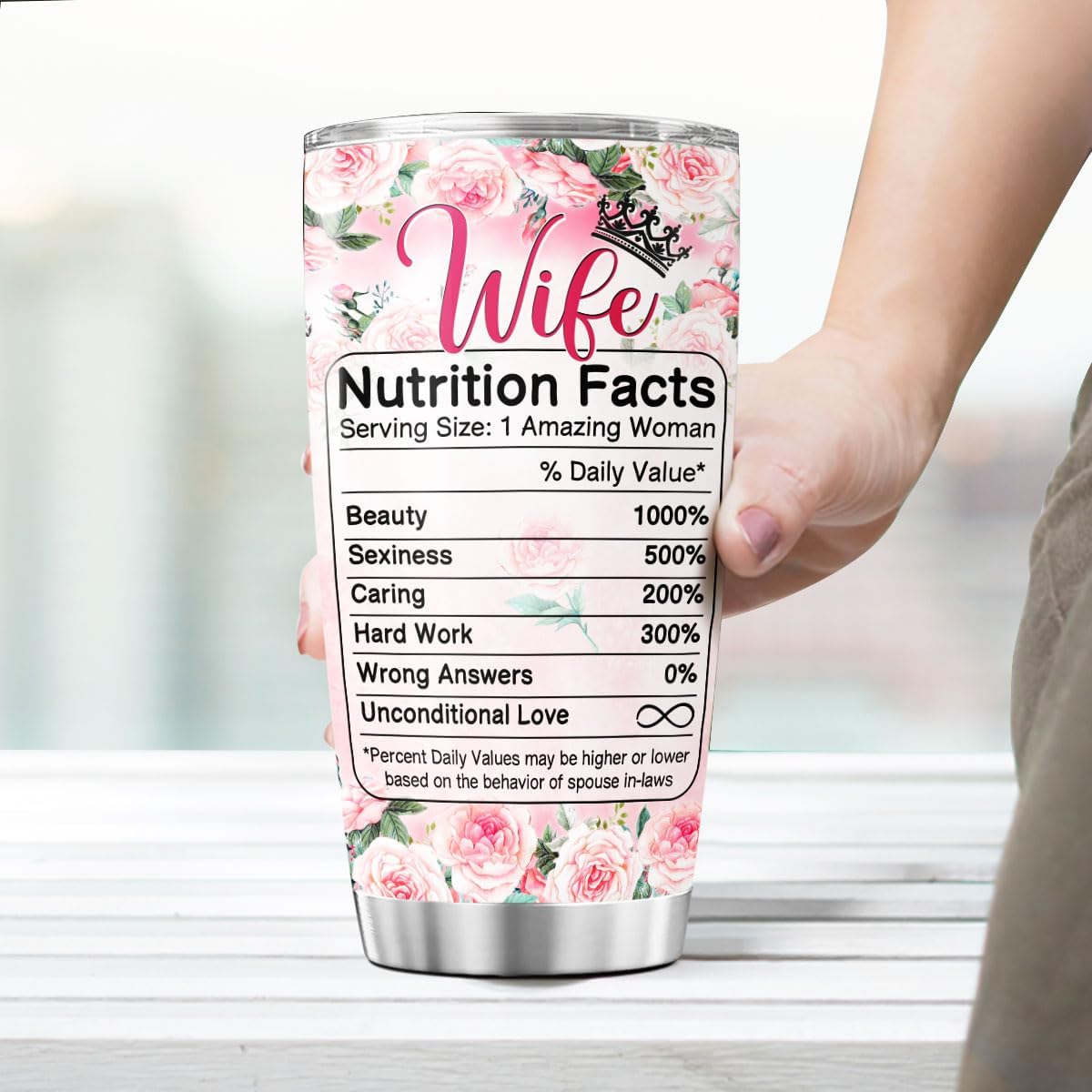 Romantic Floral Wife Gift Tumbler, Rose Design with Funny Nutrition Facts, 20oz Insulated Stainless Steel Cup for Her, Ideal Anniversary, Birthday, Valentine or Christmas