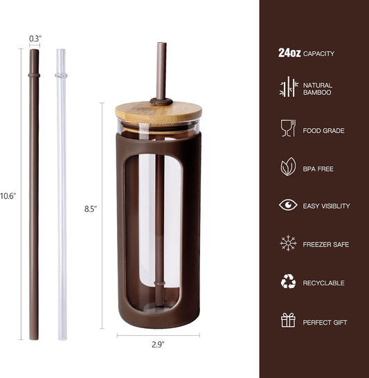 Kodrine 20oz Glass Tumbler with Straw and Lid, Iced Coffee Cups with Bamboo Lids, Glass Cups for Cold Drinks, Smoothie Cup with Silicone Sleeve for Travel, Work, BPA FREE-Brown