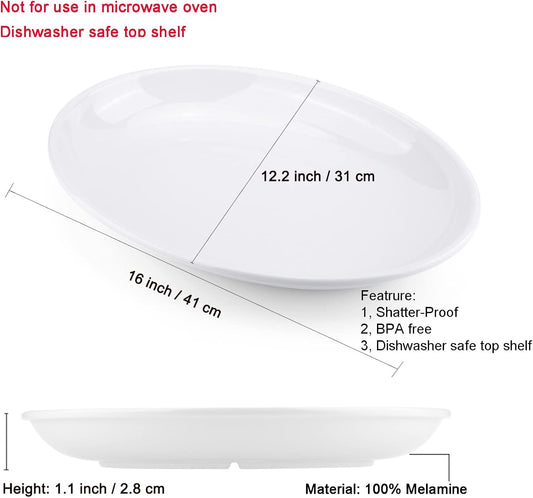 KOXIN-KARLU Melamine Large Serving Platter, 16-inch Oval Serving Plates, White Serving Tray for Entertaining Party, 100% Melamine Serving Dish for Appetizers Meat Food, Set of 2