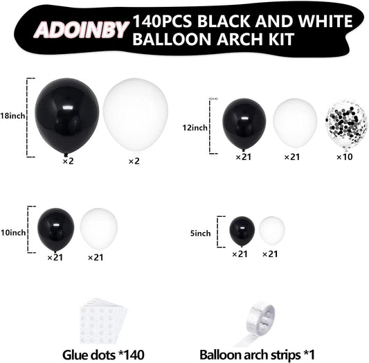 Black and White Balloon Arch Kit, ADOINBY 140Pcs Black and White Durable Latex Balloons 18 12 10 5 Inch Different Size Balloons for Birthday Anniversary Wedding Engagement Graduation Party Decorations